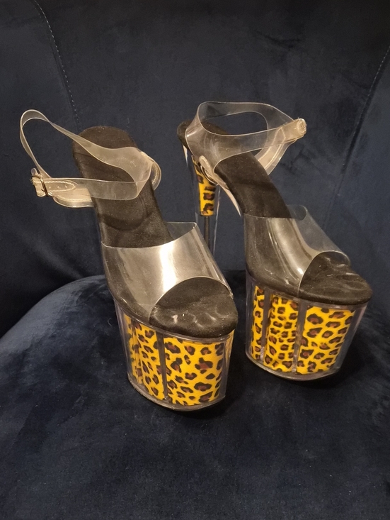Shoes - Leopard-Print Platform Heels with Clear Straps